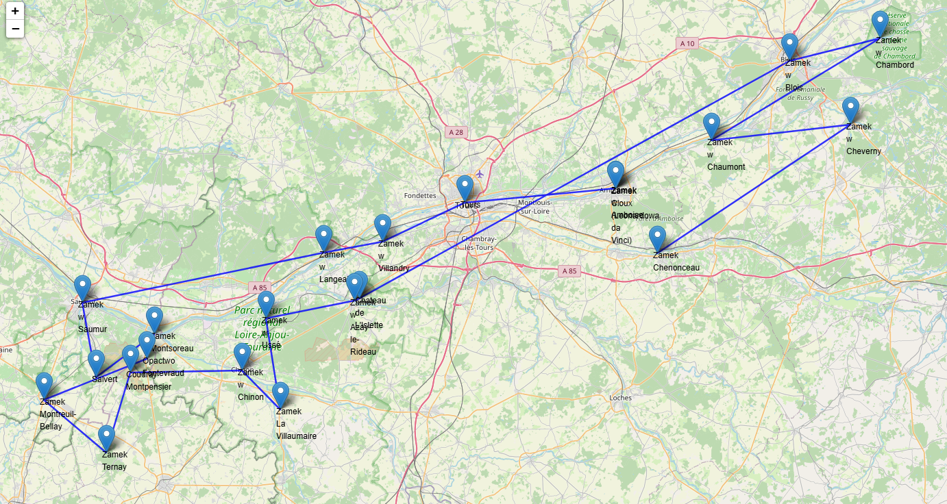 Trasa zwiedzania zamków w Dolinie Loary w trakcie wyprawy rowerowej w 2024 r. Trasa zwiedzania zamków w Dolinie Loary w trakcie wyprawy rowerowej w 2024 r.